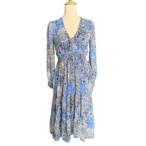 Just Taylor Blue White Floral Damask Smocked Tiered Midi Dress Womens Size 4